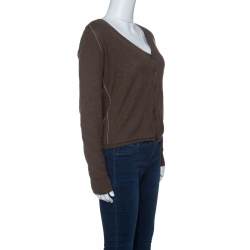 Pre Owned Marni Brown and Grey Cashmere Ribbed Trim Cropped Cardigan M