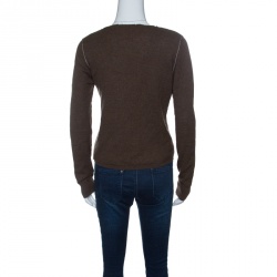 Pre Owned Marni Brown and Grey Cashmere Ribbed Trim Cropped Cardigan M