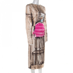 Pre Owned Marni Beige Box Face Print Satin Long Sleeve Midi Dress M