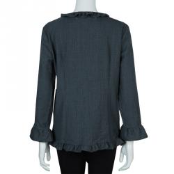 Pre Owned Marni Grey Long Sleeve Ruffle Detail Button Down Wool Blouse M