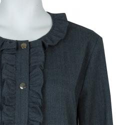 Pre Owned Marni Grey Long Sleeve Ruffle Detail Button Down Wool Blouse M