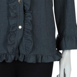 Pre Owned Marni Grey Long Sleeve Ruffle Detail Button Down Wool Blouse M