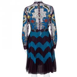 Pre Owned Mary Katrantzou Multicolor Butterfly Embroidered Mesh Plisse Detail Long Sleeve Dress M