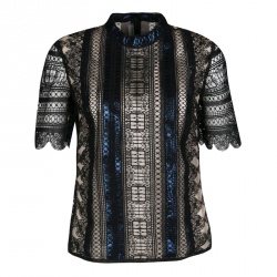 Mary Katrantzou Black Chestripe Lace Metallic Trim Short Sleeve Top M