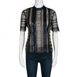 Mary Katrantzou Black Chestripe Lace Metallic Trim Short Sleeve Top M