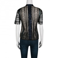 Mary Katrantzou Black Chestripe Lace Metallic Trim Short Sleeve Top M