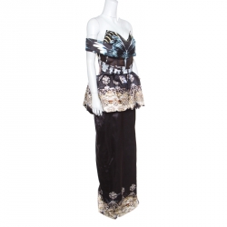 Mary Katrantzou Nebraska Printed Silk Satin Off Shoulder Peplum Maxi Dress M