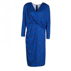 مملوكة مسبقًا Matthew Williamson Navy Blue Draped Jersey Botanical Dress L