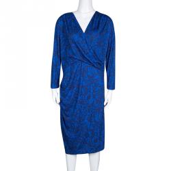 مملوكة مسبقًا Matthew Williamson Navy Blue Draped Jersey Botanical Dress L