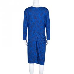 مملوكة مسبقًا Matthew Williamson Navy Blue Draped Jersey Botanical Dress L