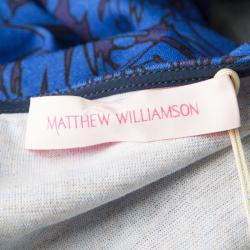 مملوكة مسبقًا Matthew Williamson Navy Blue Draped Jersey Botanical Dress L