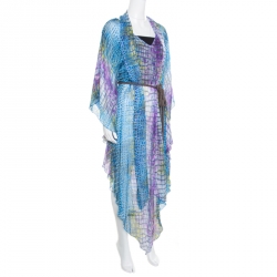 Matthew Williamson Escape Blue Alligator Printed Sheer Silk Belted Asymmetric Kaftan M