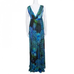 Matthew Williamson Blue Abstract  Lotus Printed Silk Chiffon Sleeveless Maxi Dress L