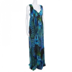 Matthew Williamson Blue Abstract  Lotus Printed Silk Chiffon Sleeveless Maxi Dress L