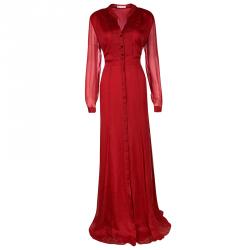 مملوكة مسبقًا Matthew Williamson Red Winter Chiffon Godet Maxi Shirt Dress L