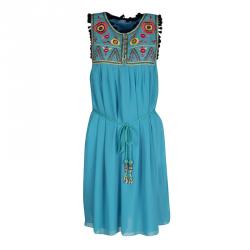 Escape Blue Floral Embroidered Silk Pom Pom Trim Sleeveless Dress