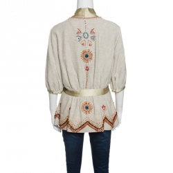 Pre Owned جاكيت ماثيو وليامسن حرير بيج تريكو وخرز بربطة أمامية M