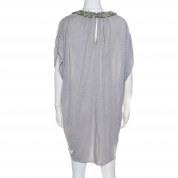 Pre Owned Matthew Williamson Grey Melange Knit Embellished Neckline Detail Boxy Dress M