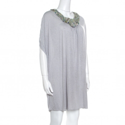 Pre Owned Matthew Williamson Grey Melange Knit Embellished Neckline Detail Boxy Dress M
