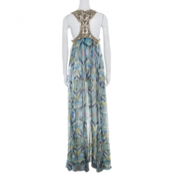 Matthew Williamson Escape Green Sheer Silk Printed Embellished Racerback Dress M