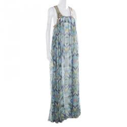 Matthew Williamson Escape Green Sheer Silk Printed Embellished Racerback Dress M