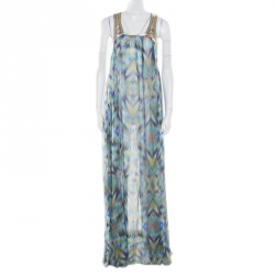 Matthew Williamson Escape Green Sheer Silk Printed Embellished Racerback Dress M