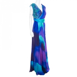 Matthew Williamson Vivid Ocean Print Embellished Silk Gown L