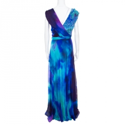 Matthew Williamson Vivid Ocean Print Embellished Silk Gown L