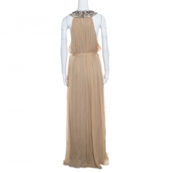 Matthew Williamson Beige Embellished Cutout Neck Detail Belted Gown L