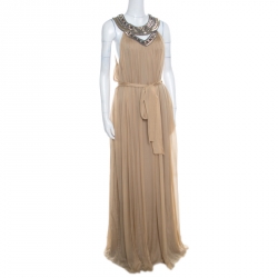 Matthew Williamson Beige Embellished Cutout Neck Detail Belted Gown L