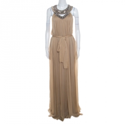 Matthew Williamson Beige Embellished Cutout Neck Detail Belted Gown L