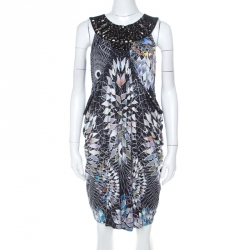 Mathew Williamson Black Geometric Print Silk Embellished Draped Cowl Dress M