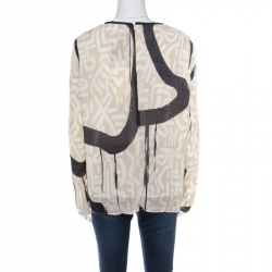 Pre Owned Max Mara Paste Graffiti Print Plisse Long Sleeve Blouse L