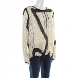 Pre Owned Max Mara Paste Graffiti Print Plisse Long Sleeve Blouse L