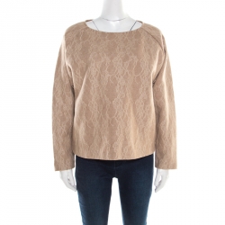 Pre Owned Max Mara Camel Brown Wool Floral Lace Raglan Sleeve Liriche Top L