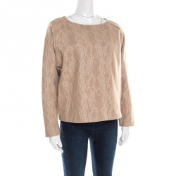 Pre Owned Max Mara Camel Brown Wool Floral Lace Raglan Sleeve Liriche Top L