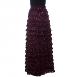 Pre Owned Max Mara Burgundy Metallic Jacquard Faux Feather Fringed Maxi Skirt S