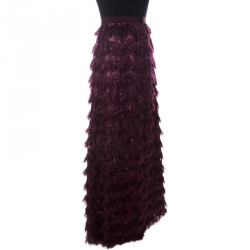 Pre Owned Max Mara Burgundy Metallic Jacquard Faux Feather Fringed Maxi Skirt S