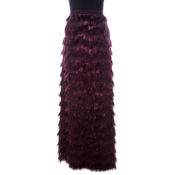 Pre Owned Max Mara Burgundy Metallic Jacquard Tinsel Fringed Maxi Skirt M