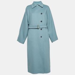 Blue Wool Single Breasted Belted Trench Coat