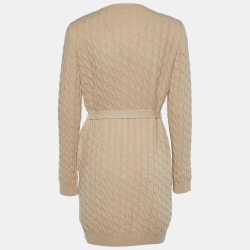 Pre Owned Max Mara Studio Beige Cable Knit & Suede Paneled Cardigan M