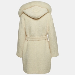 Max Mara Studio Cream Fur Trim Wool Blend Belted Coat S