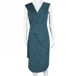 Pre Owned Max Mara Teal Blue Draped V-Neck Sleeveless Dress M
