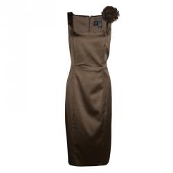 مملوكة مسبقًا Max Mara Brown Satin Flower Detail Sleeveless Sheath Dress L