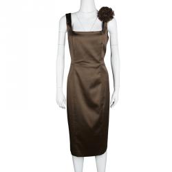 مملوكة مسبقًا Max Mara Brown Satin Flower Detail Sleeveless Sheath Dress L