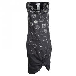 Pre Owned Max Mara Grey And White Printed Sleeveless Draped Gathered Dress M