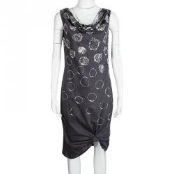 Pre Owned Max Mara Grey And White Printed Sleeveless Draped Gathered Dress M