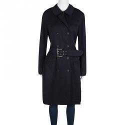 Pre Owned Max Mara Studio Navy Blue Jersey Belted Double Breasted Trench Coat M