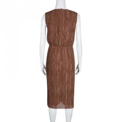 Pre Owned Max Mara Brown Plisse Belted Sleeveless Dress S