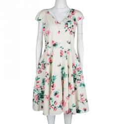 Pre Owned Max Mara Studio Cream Floral Printed Cotton Cap Sleeve Midi Dress L